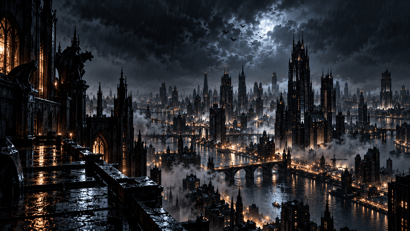 BATFLOWS hero image showing a moonlit gothic city with flying bats